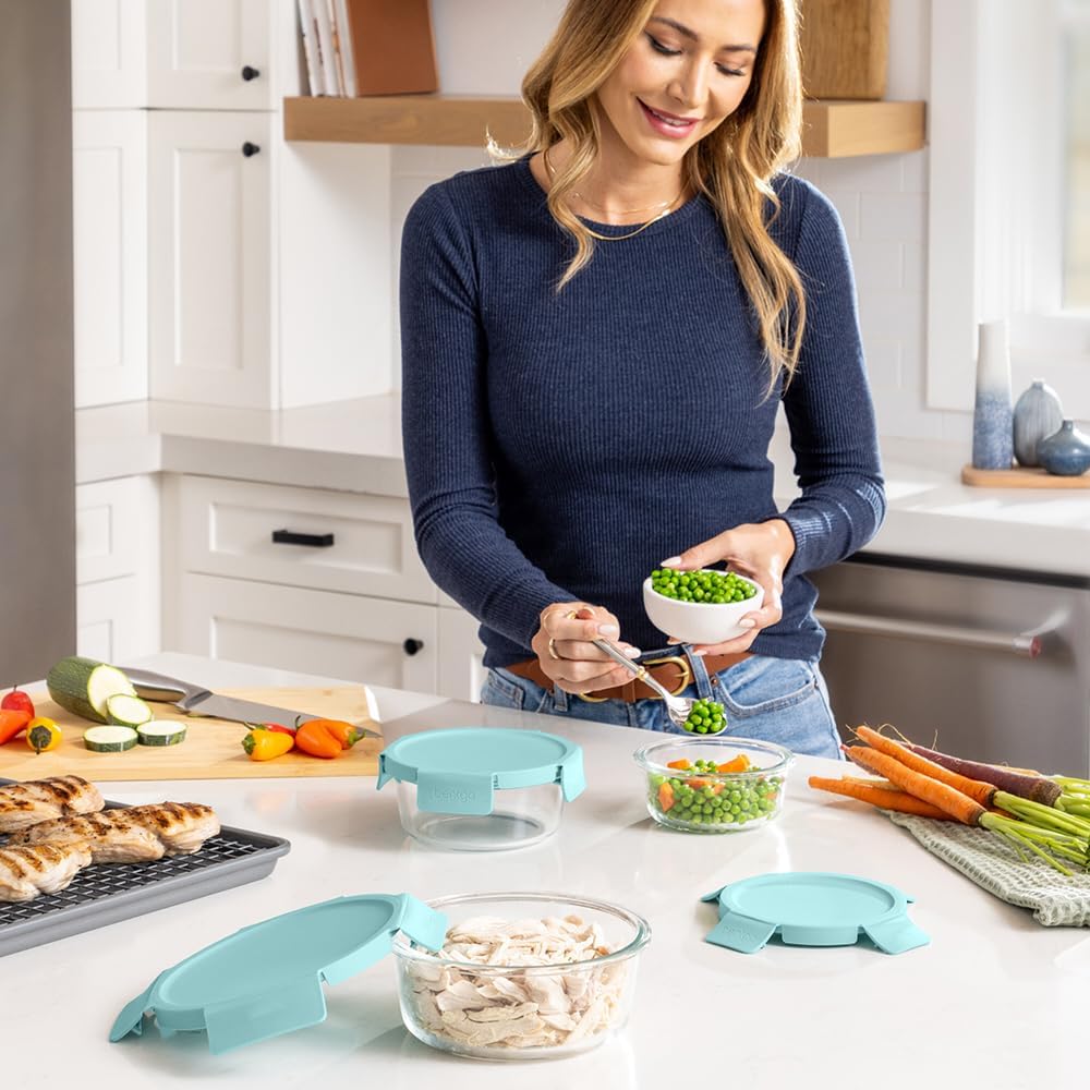Bentgo Glass Leak-Proof Food Storage Set - 4-Piece Glass Containers with BPA-Free Airtight Lids, Reusable & Durable for Leftovers & Meal Prep - Microwave, Freezer, Oven & Dishwasher Safe (Soft Aqua)