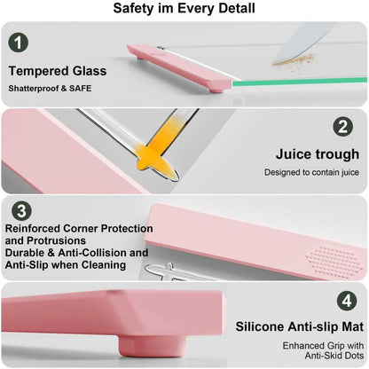 Tempered Glass Cutting Board Set for Kitchen Counter - Dishwasher Safe with Juice Grooves, Non-Slip Silicone Edges & Beveled Grip - 16"x12" & 12"x8" Serving Tray (Blue)