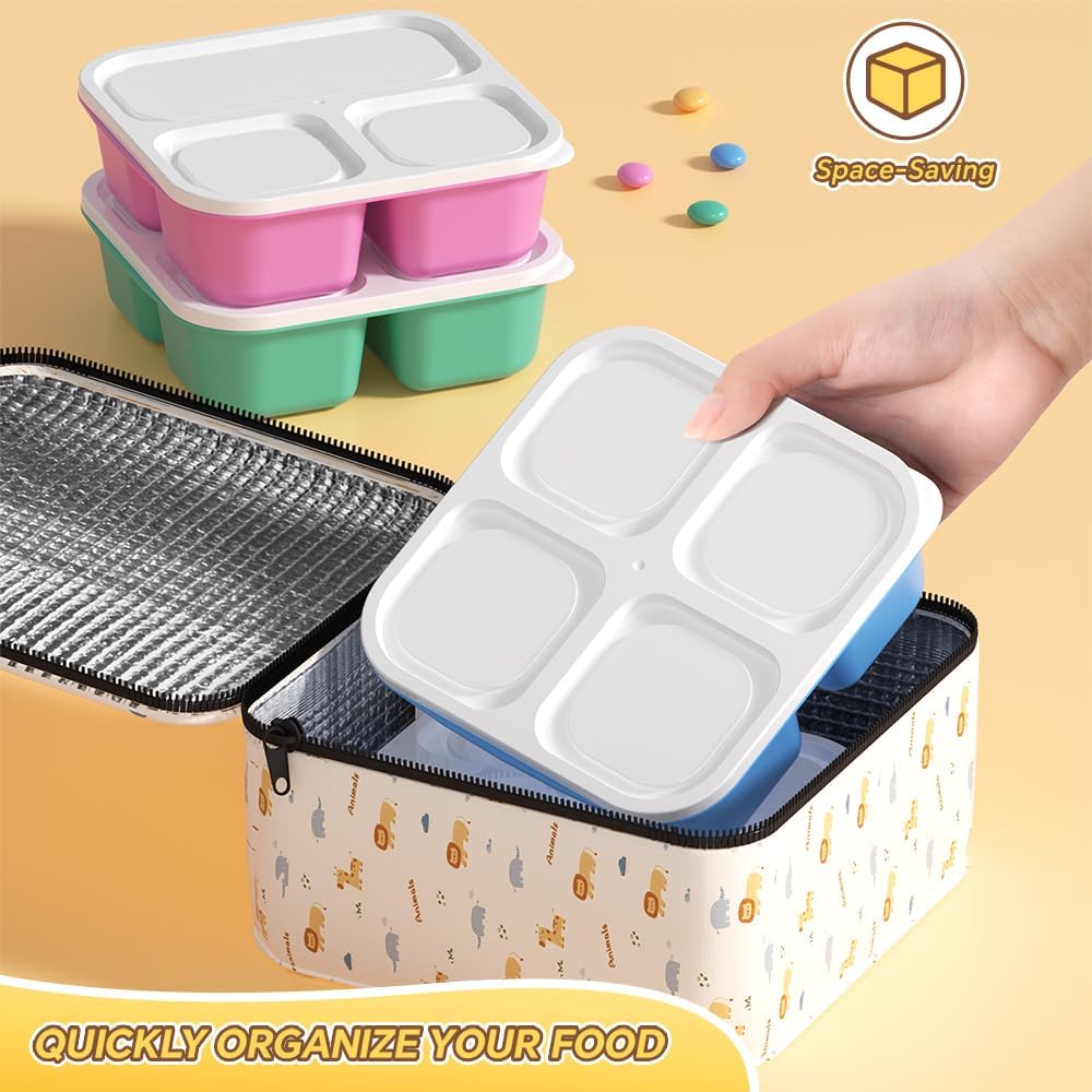 6 Pcs Snack Box Container Set, Reusable 3&4 Compartment Meal Prep Snack Containers for Adults Kids Toddler, BPA-Free Divided Lunchable Container for School, Work and Travel (Transparent Lids)