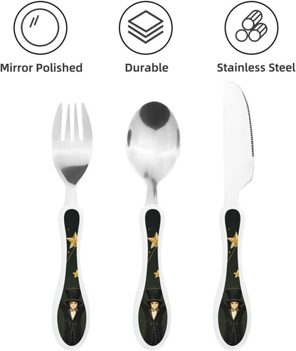 3-Piece Kids Silverware Set With Storage Case, Stainless Steel Reusable Children Safe Knife Spoon Fork Set Blue Active Girl Running Sunset Children Flatware Set For Kids Lunch Box - Colors C