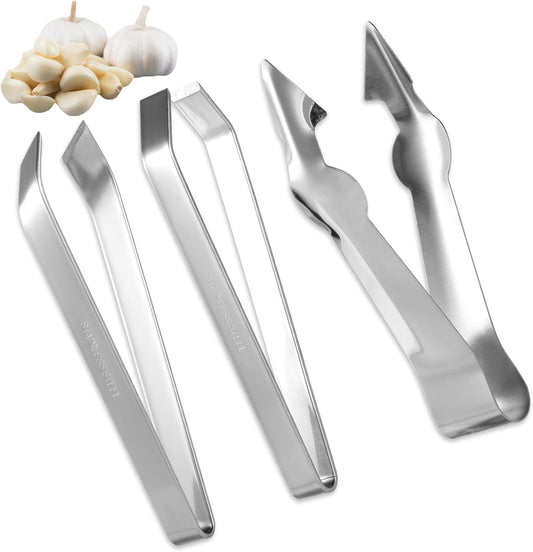 lasuroa 3pcs Stainless Steel Garlic Peeler with Fruit and Vegetable Remover, Garlic Tweezers Garlic Skin Remover Simple Fish Bone Tweezers Portable Garlic Peeling Clips Tool for Cooking Kitchen