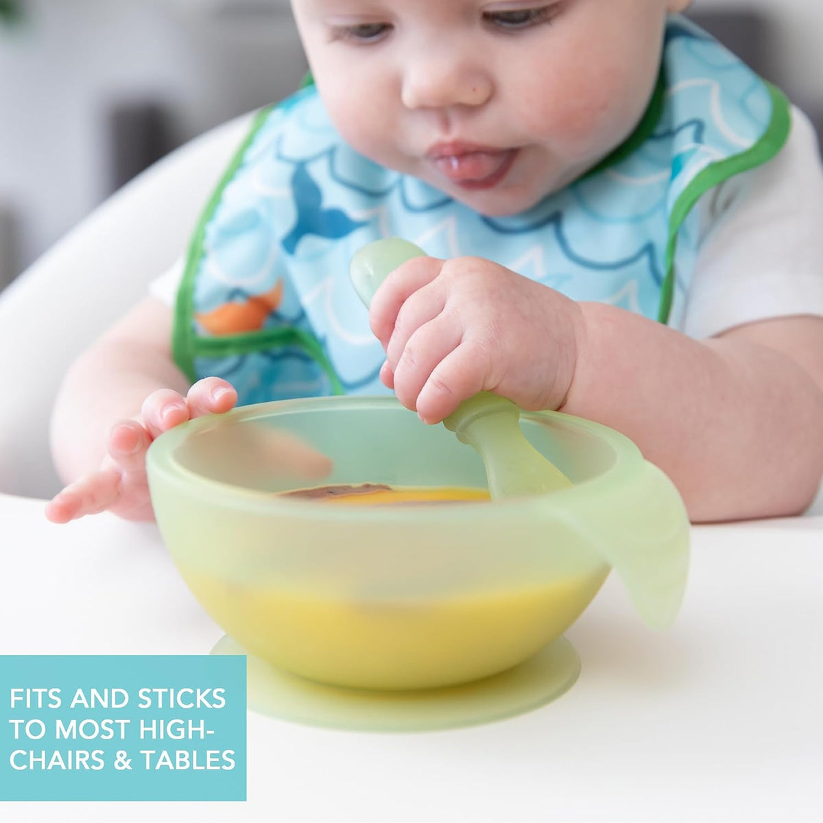 Bumkins Baby Bowl, Silicone Feeding Set with Suction for Baby and Toddler, Includes Spoon and Lid, First Feeding Set, Training Essentials for Baby Led Weaning for Babies 4 Months Up, Sage