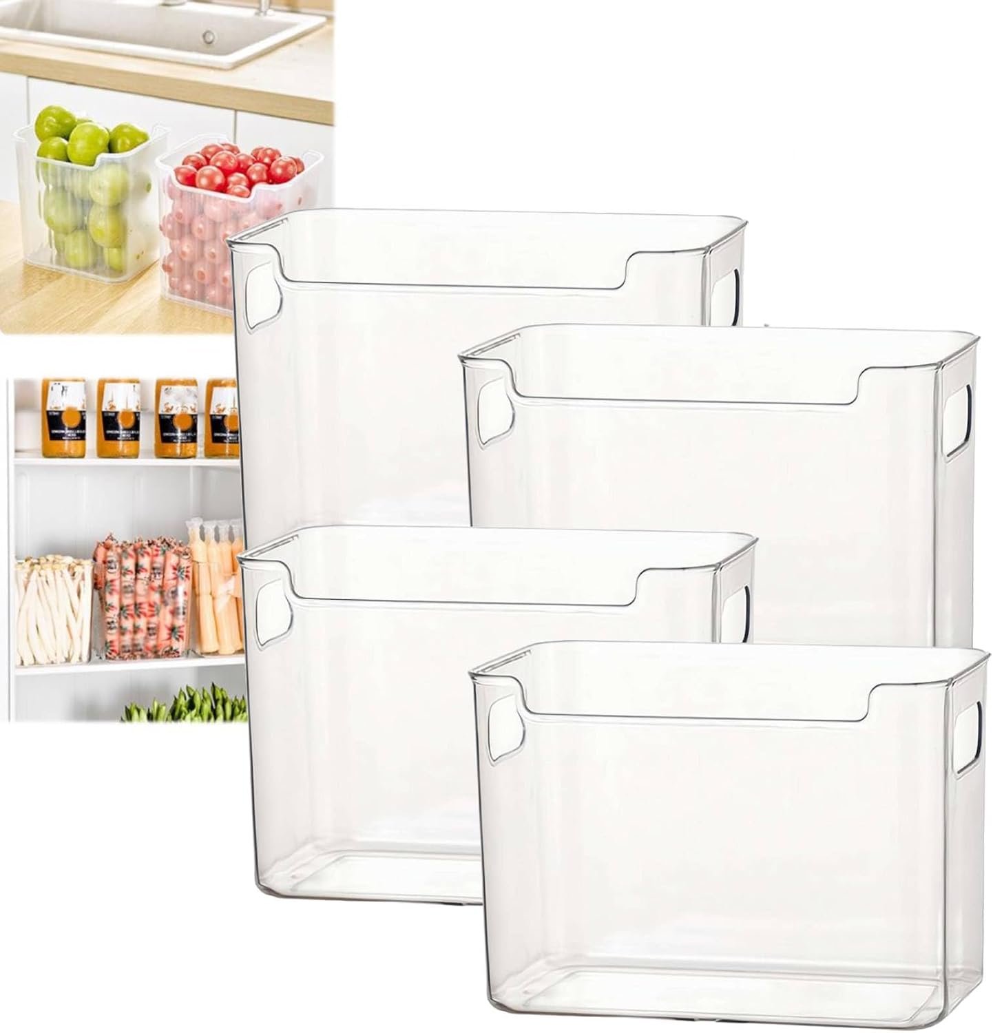 Crystal ClearFreezer Storage Bins,4 Pack Cleard Plastic Bins for Refrigerator and Pantry,Clear Plastic OrganizerBins with Handles,Stackable Kitchen Cabinet Organizer for Frozen Food,Meat & Veggies