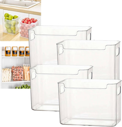 Crystal ClearFreezer Storage Bins,4 Pack Cleard Plastic Bins for Refrigerator and Pantry,Clear Plastic OrganizerBins with Handles,Stackable Kitchen Cabinet Organizer for Frozen Food,Meat & Veggies