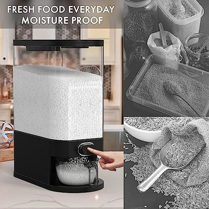 25lb Black Rice Dispenser, Measuring Cup & Sponge. Airtight Grain, Bean & Rice Container. NEW Clear Black Design. Easy To Use Grain Dispensing Storage Container For Kitchen
