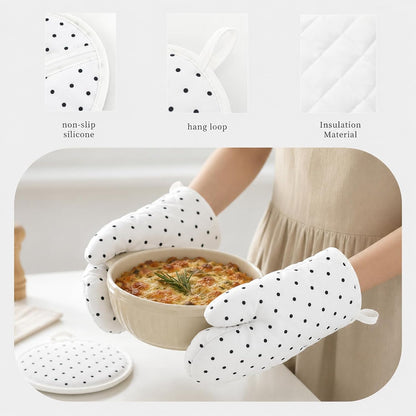 AnyDesign 4Pcs White Black Polka Dot Oven Mitts and Pot Holders Set
