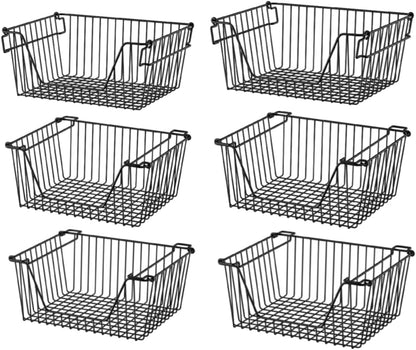 Slideep Wire Storage Baskets, Freezer Baskets Farmhouse Stackable Organizer Storage Bins Large Organizer for Storage, Office, Bathroom, Pantry Organization Storage with Handles 14" Black -Set of 3