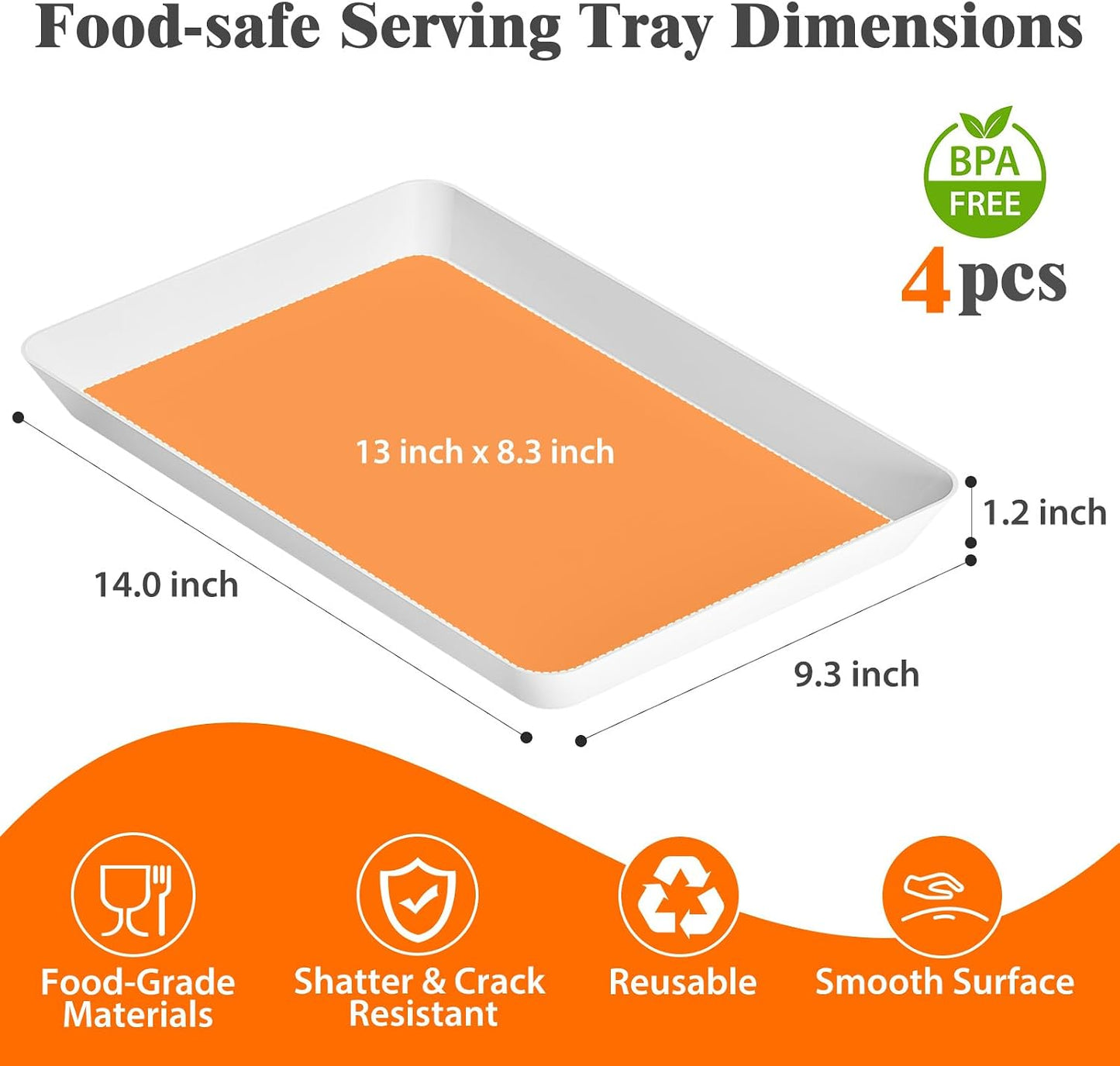 SpaceTrove 4-Pack Serving Tray Set, Reusable Plastic Serving Platter for Party Supplies, Entertaining, Grilling Accessories, Stackable Kitchen Snack Box Container for Dessert, Fruit, Cookie, (Black)