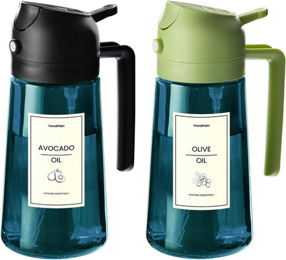 TrendPlain 16oz/470ml Blue Glass Olive Oil Sprayer for Cooking - 2 in 1 Olive Oil Dispenser for Kitchen Gadgets, Air Fryer, Salad, and BBQ - Black