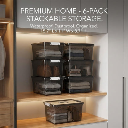 6 Quart Stackable Plastic Storage Bins with Lids, 6 Pack Clear Black Small Organizer Boxes with Latches for Bathroom, Pantry, Office Desk and Small Item Storage