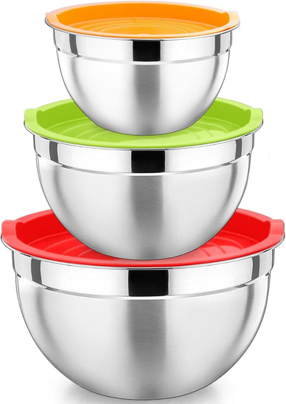 P&P CHEF Black Mixing Bowls with Lids, Set of 3, Stainless Steel Salad Nesting Bowl for Mixing, Storing, Prepping, Airtight & Stackable, Size 4.6/3 /1.5 QT