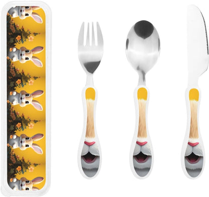 3-Piece Kids Silverware Set With Storage Case, Stainless Steel Reusable Children Safe Knife Spoon Fork Set Easter Bunny Eggs Spring Flower Rabbit Children Flatware Set For Kids Lunch Box
