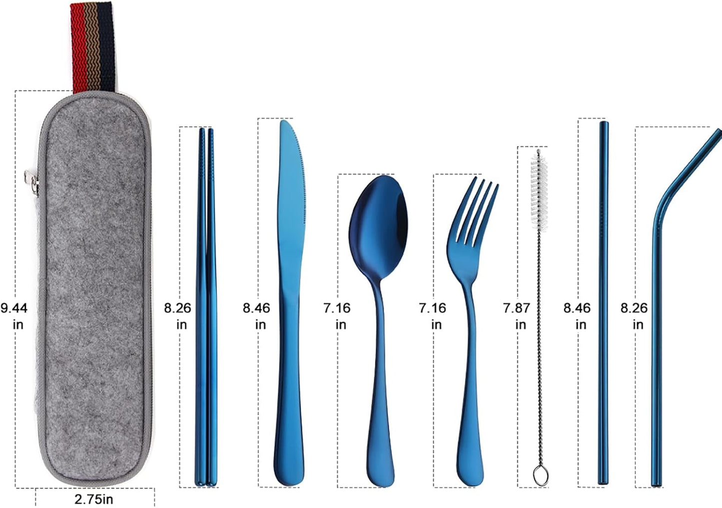 DEVICO Camping Utensils, 8-Piece Full-Size Reusable Silverware for Lunch Adult, Stainless Steel Portable Fork Spoon Knife Set for Work, Travel Cutlery Set with Case and Chopsticks Straws (Rainbow)