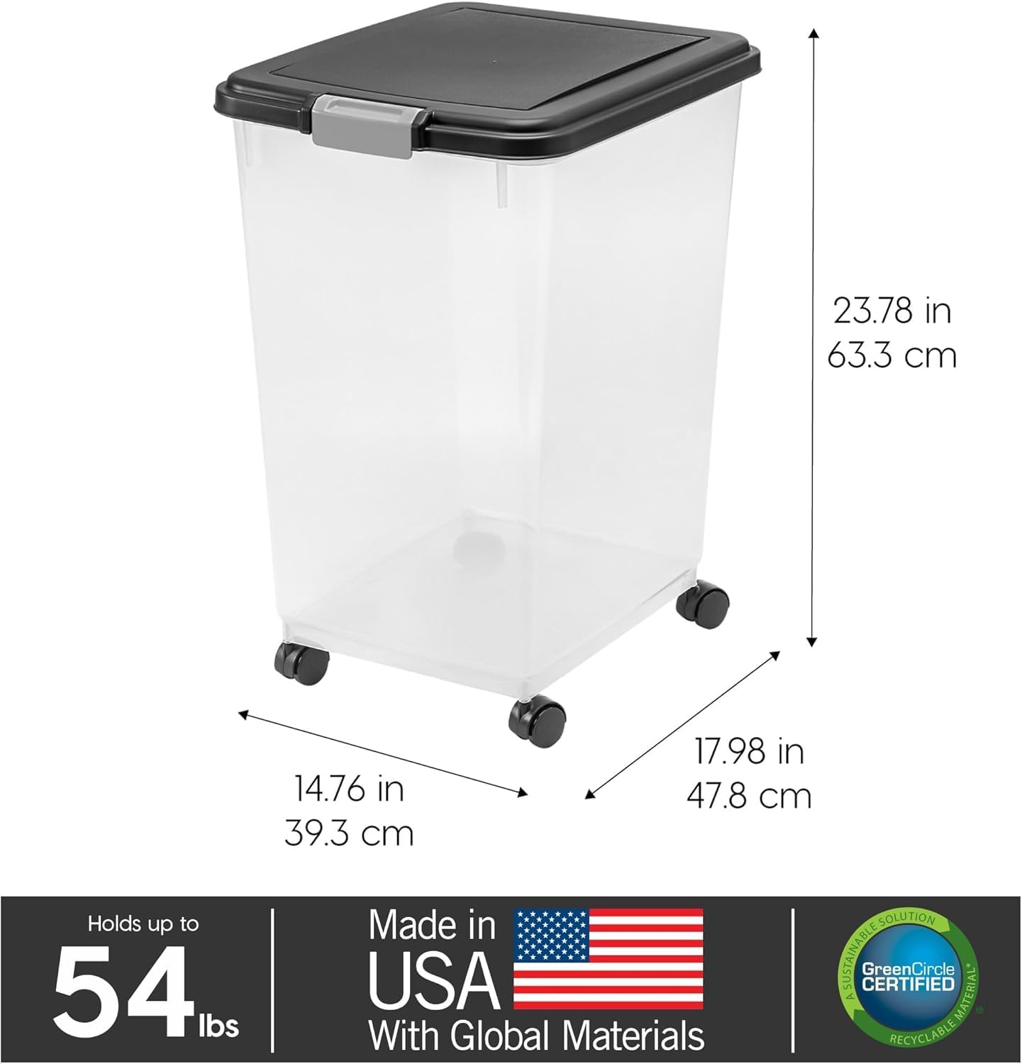 IRIS USA Airtight Dog Food Storage Container, Up to 30 lbs, Attachable Wheels, for Dog Cat Bird and other Pet Food Storage Bin, Keep Fresh, Easy Mobility, BPA Free, Black