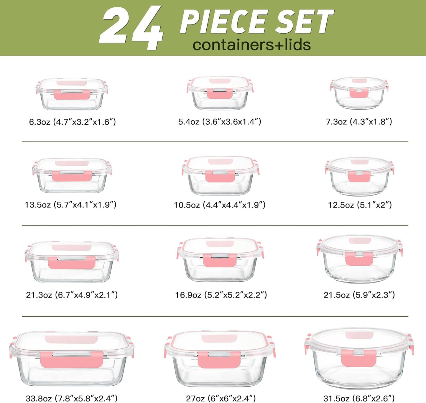 BAYZZ 24 Piece Glass Food Storage Containers with Lids, Airtight Glass Meal Prep Containers for Kitchen, BPA-Free Lunch Box, Microwave and Freezer Safe