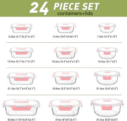 BAYZZ 24 Piece Glass Food Storage Containers with Lids, Airtight Glass Meal Prep Containers for Kitchen, BPA-Free Lunch Box, Microwave and Freezer Safe