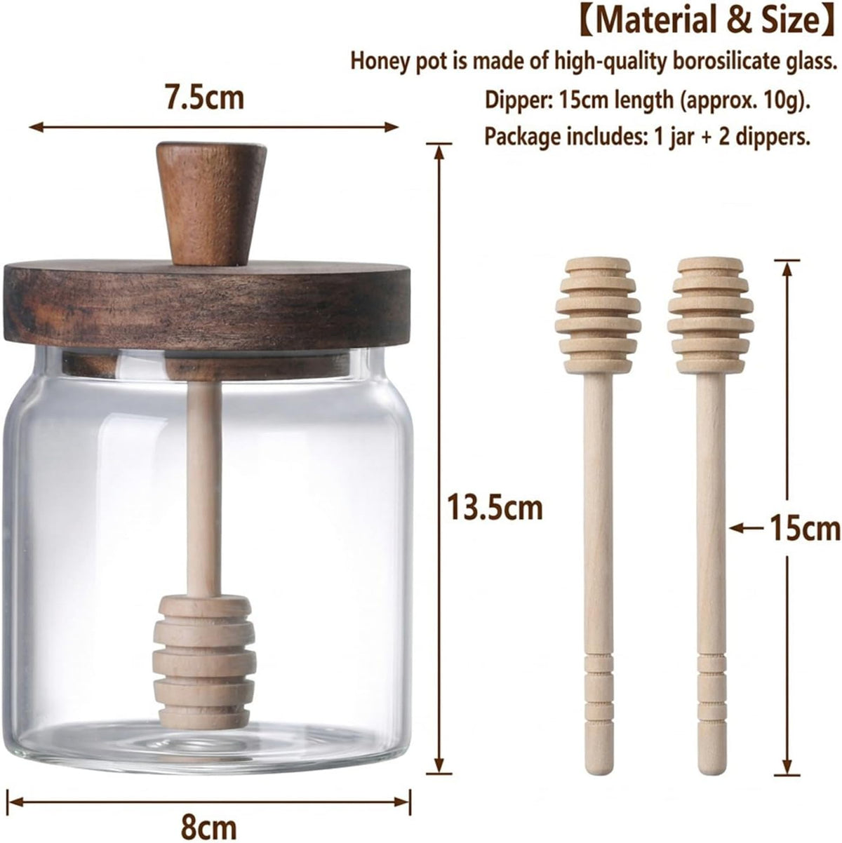 12 Oz Honey Jar with 2 Wooden Dippers and Lid,Honey Pot Dispenser,Clear Glass Honey Container for Home Kitchen,Store Honey and Syrup,Easy to Clean