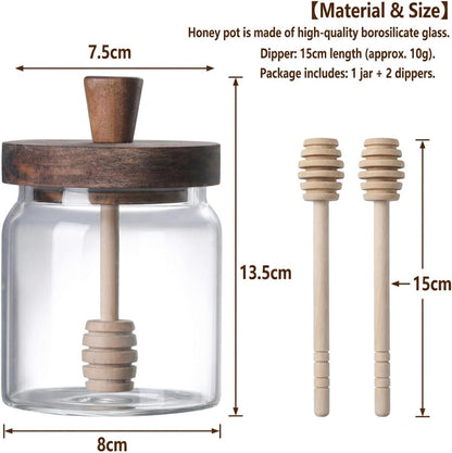 12 Oz Honey Jar with 2 Wooden Dippers and Lid,Honey Pot Dispenser,Clear Glass Honey Container for Home Kitchen,Store Honey and Syrup,Easy to Clean