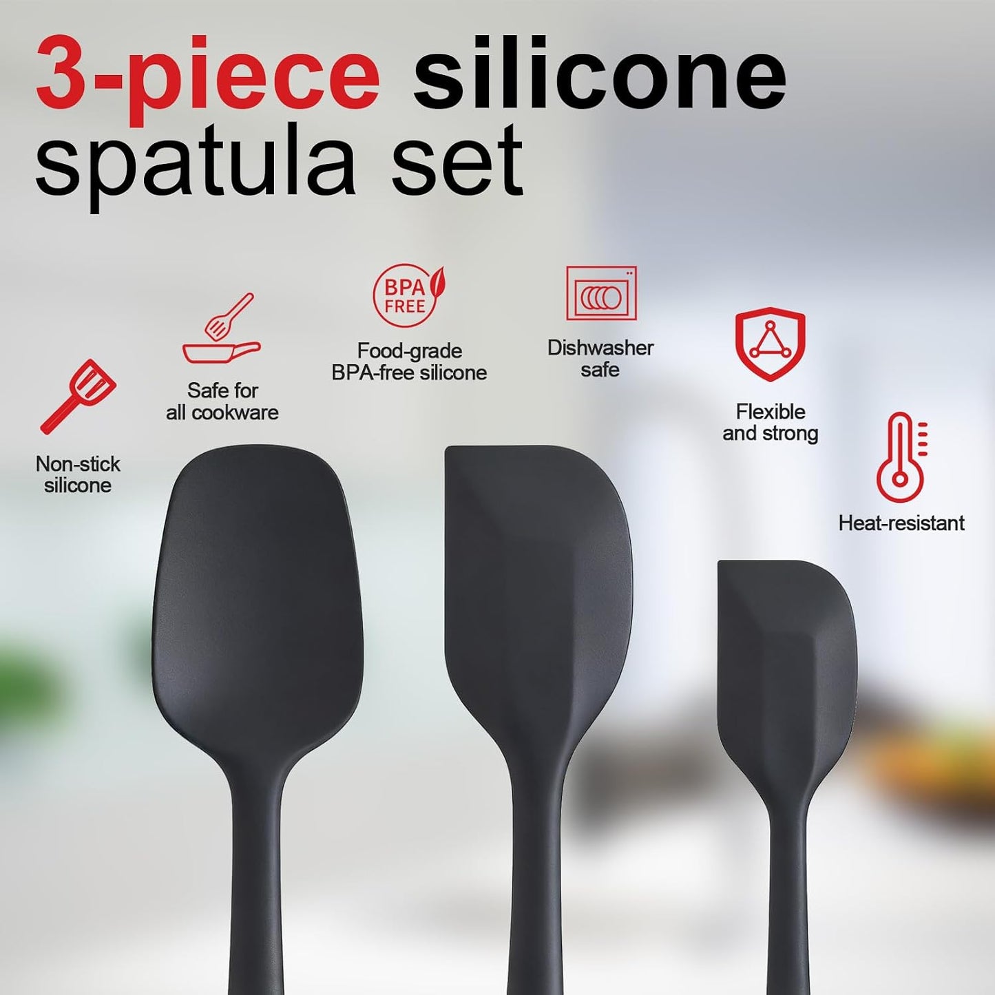 Silicone Spatula Set - Rubber Spatula - 600°F Heat Resistant Baking Spoon & Spatulas(Dark Grey)