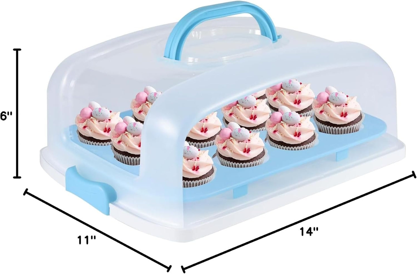 2in1 Cupcake Carrier and Cake Keeper with Lid, Rectangle Pie Carrier,Large Portable Storage Container for Storing 12 Cupcakes or 1 Large Cake (Blue)