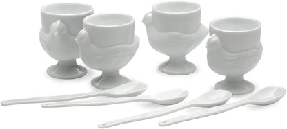RSVP International Kitchen Accessories Collection Soft Boiled Egg, White Porcelain, Cup & Spoon Set, 8 Piece