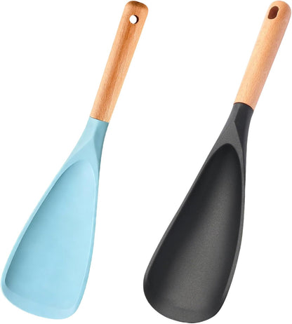 2 Pcs Wooden Handle Silicone Cooking Spoon Set for Nonstick Cookware Cooking, Baking, Stirring ，BPA-Free Heat-Resistant Spatula for Mixing, Flipping, Scraping (2 Pcs Black)