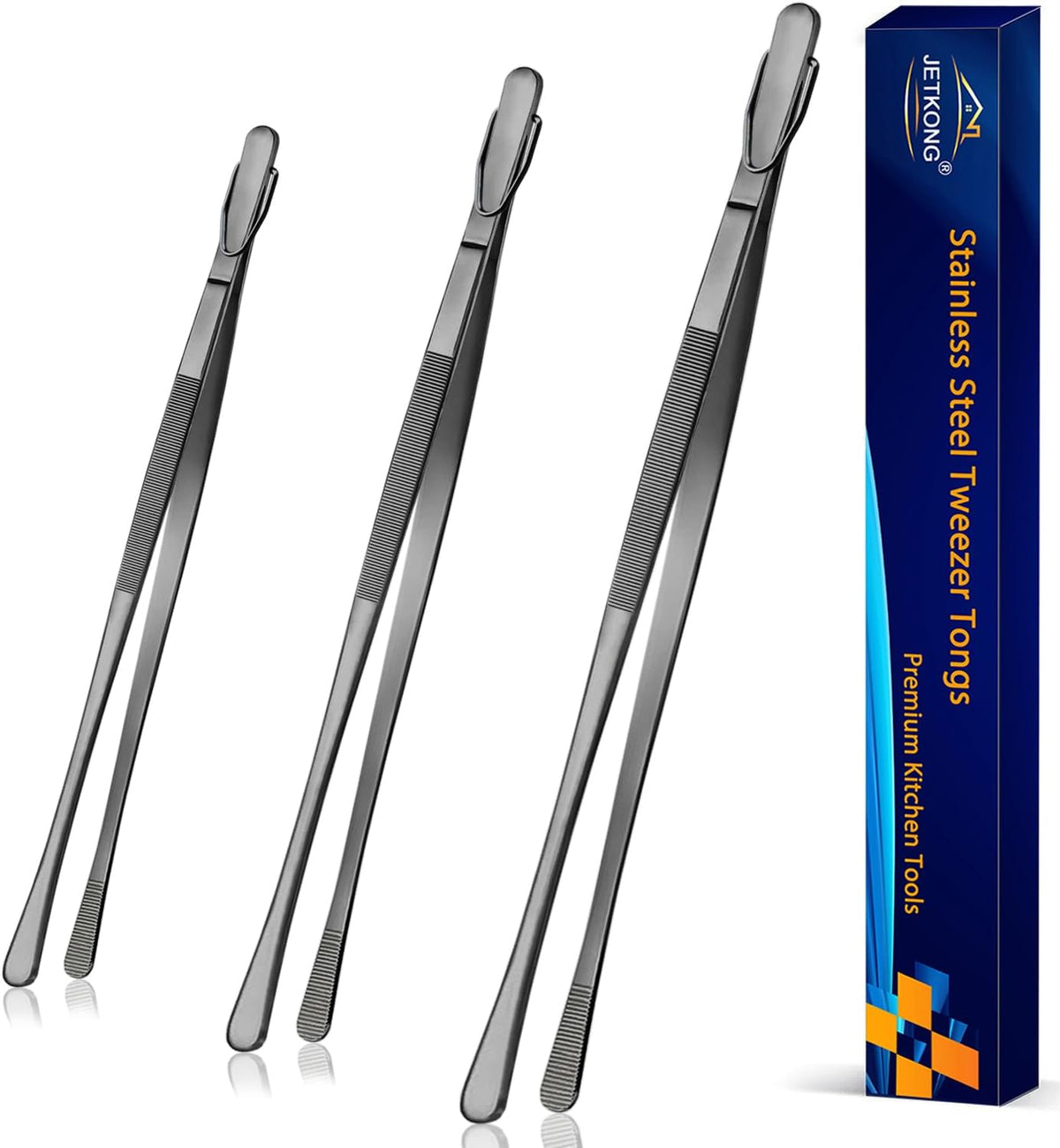 JETKONG 3 Pcs Extra Long Kitchen Tweezers 9 12 14 Inch Heavy Duty Stainless Steel Cooking Tweezers (Round Tips, Silver)