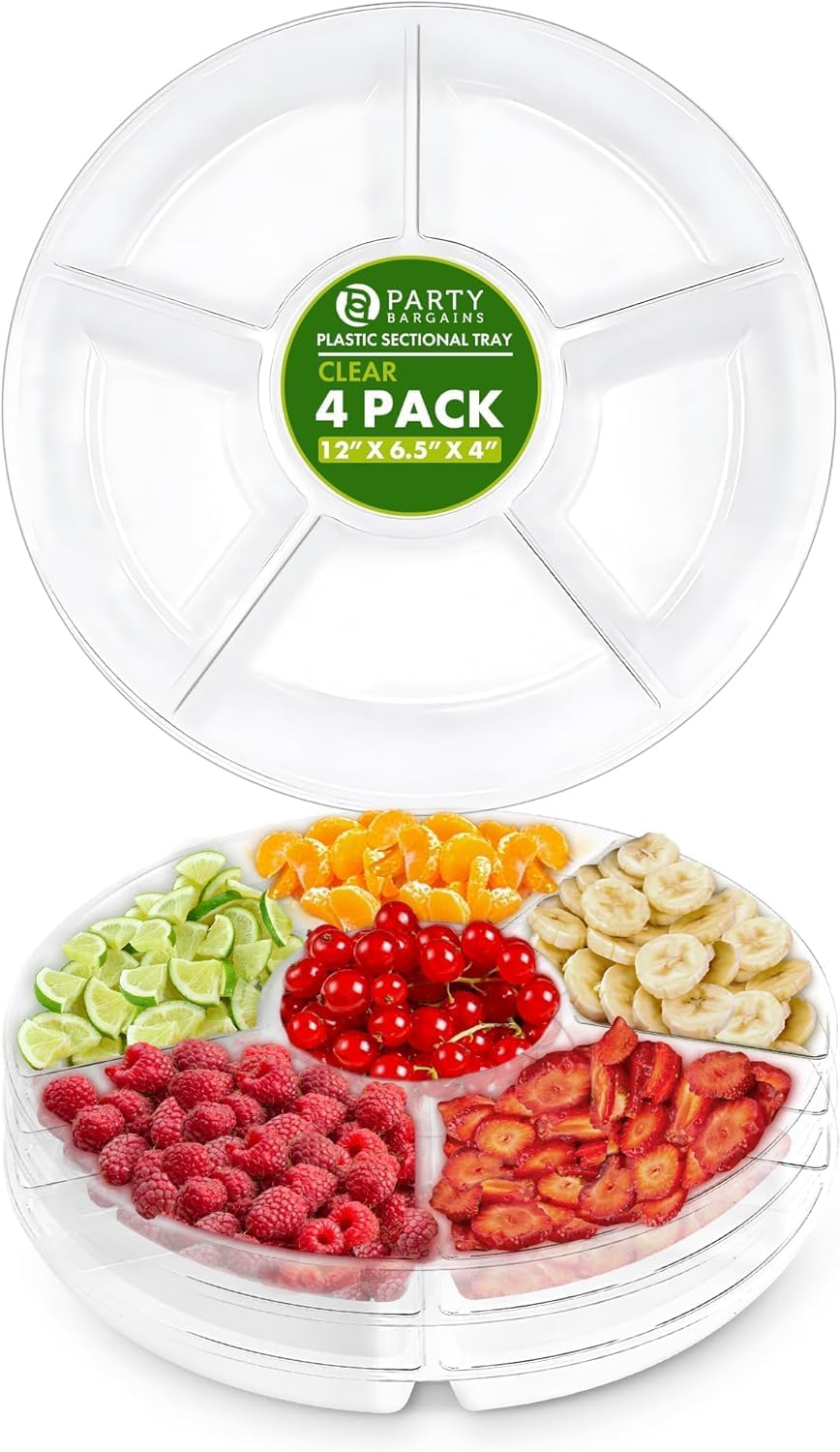 PARTY BARGAINS 12" Round Plastic Serving Tray, 6-Sections, Clear, Pack of 1