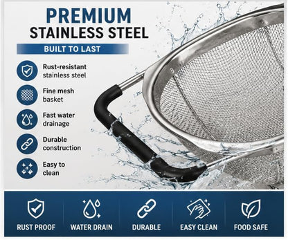 Expandable Over Sink Colander, Stainless Steel Mesh Strainer Basket with Extendable Handles, Kitchen Sink Colander for Washing Fruits, Vegetables, Pasta & Food Draining