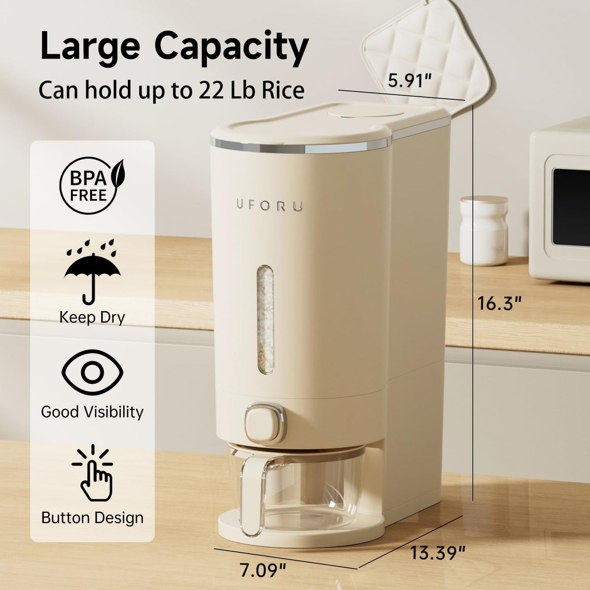 UFORU Rice Dispenser, Rice Storage Container with Measuring Cup for Kitchen Pantry Household, Dry Food Storage Containers Airtight, Sealed Moisture Proof (White 13Lbs)