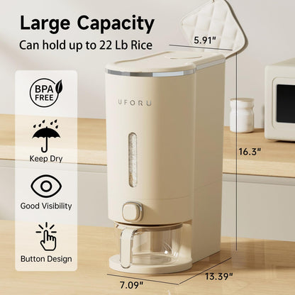UFORU Rice Dispenser, Rice Storage Container with Measuring Cup for Kitchen Pantry Household, Dry Food Storage Containers Airtight, Sealed Moisture Proof (White 13Lbs)