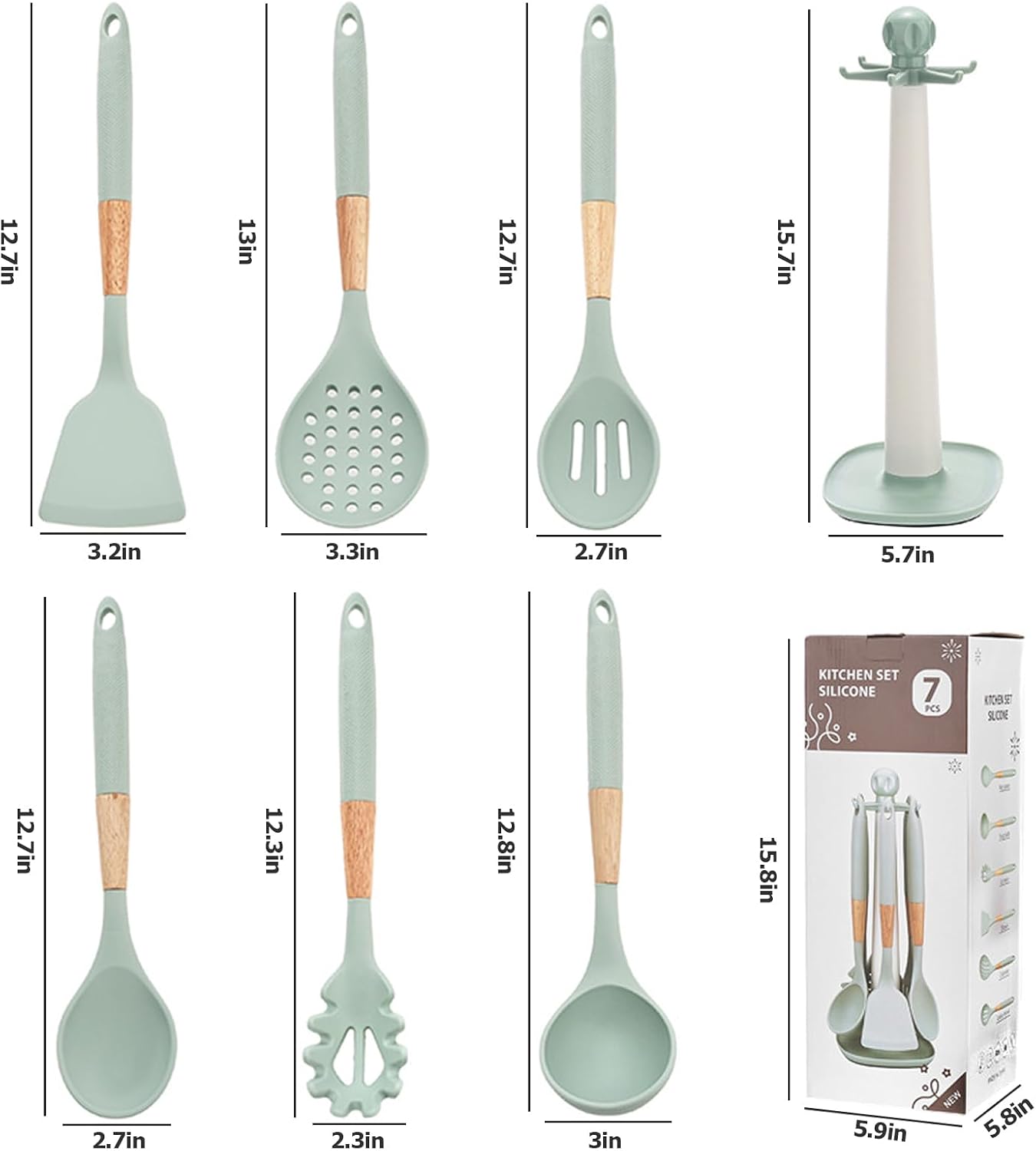 Cooking Kitchen Utensils Set, 7PCS Silicone Cooking Utensil Set with Rotating Holder, Heat Resistant Kitchen Essentials, Kitchen Gadgets for Cookware (Green)