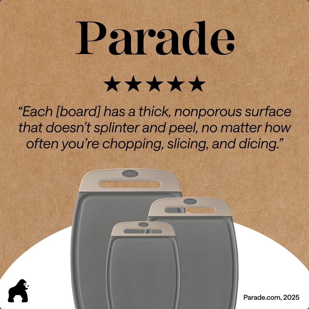 GORILLA GRIP BPA-Free Reversible Kitchen Cutting Board Set of 3, US Designed, Nonporous, Juice Grooves Catch Liquid, Slip Resistant Border, Dishwasher Safe, Durable Large Food Chopping Boards, Black
