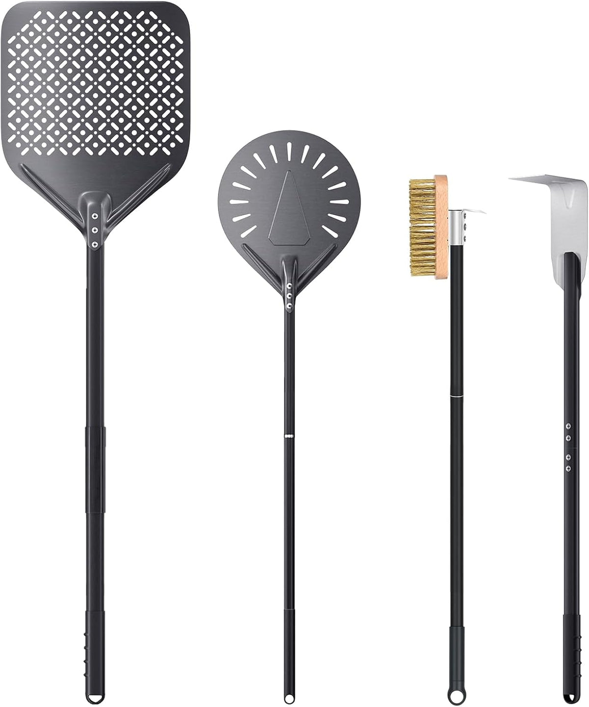 4 Piece Pizza Oven Kit Perforated Pizza Peel 12 Inch Pizza Turning Peel and Pizza Brush Ash Rake Wood Fired Commercial Oven Utensil for Home Restaurant