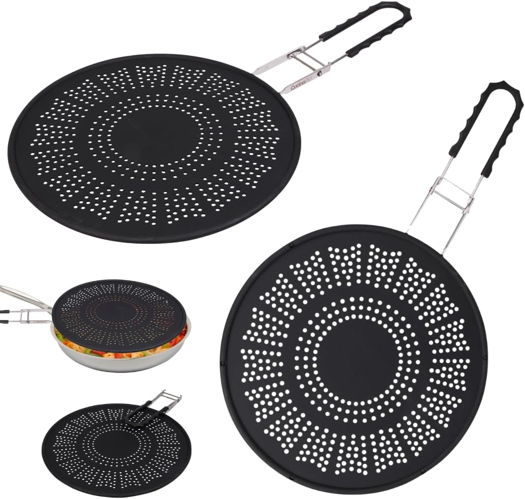 XL 11.5" Silicone Splatter Screen Shield- Multi Use Pan Cover with Foldable Handle & Built in Water Strainer- Protect from Oil, Grease with Shield Guard- Fits Most Kitchen Frying Pans, Heat Resistant