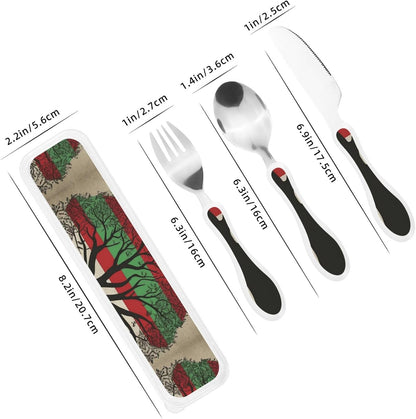3-Piece Kids Silverware Set With Storage Case, Stainless Steel Reusable Children Safe Knife Spoon Fork Set Black White Stripes Red Rose Flowers Children Flatware Set For Kids Lunch Box