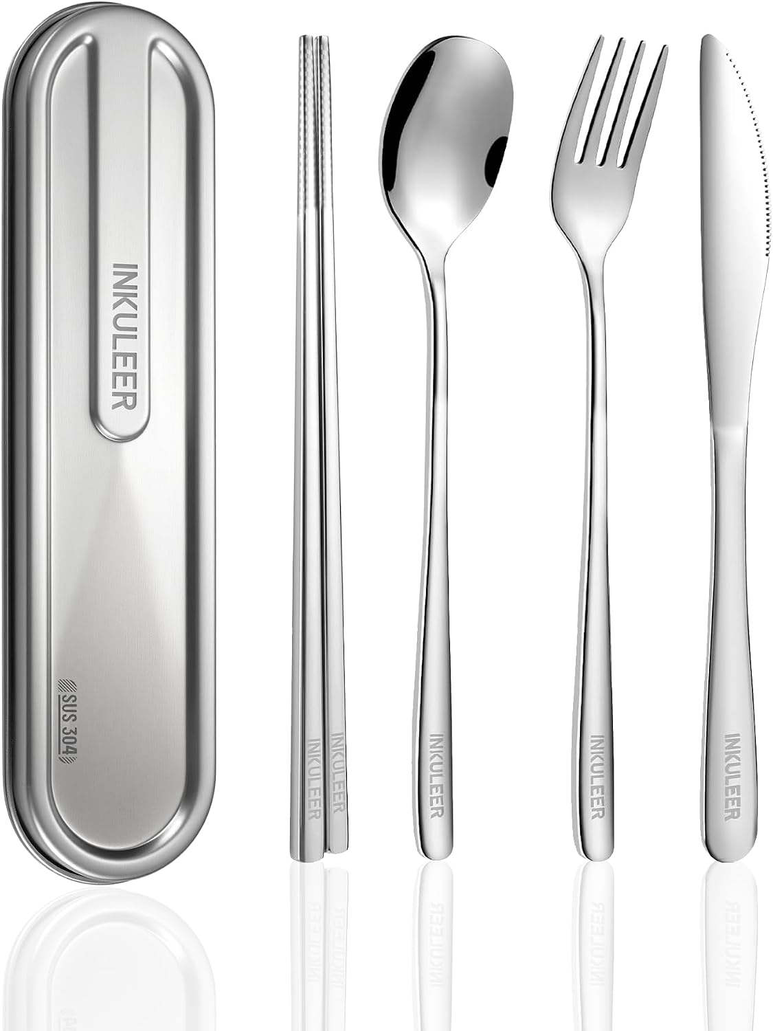 Travel cutlery set, 18/8 stainless steel cutlery, Reusable utensils set with case, Portable Silverware Lunch Box for Camping and Office (Green/knife set)