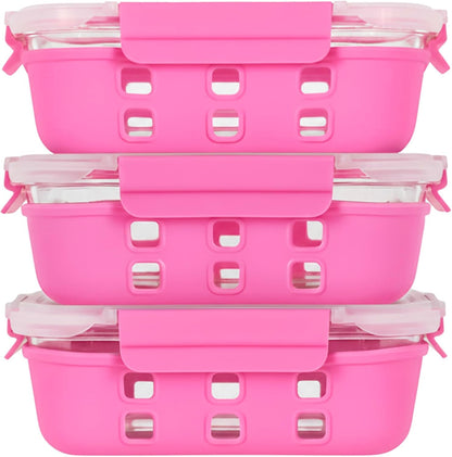 ECOBERI Glass Meal Prep Containers with Silicone Sleeves, 3 Piece 4.5 Cup Set, Borosilicate Glass Food Storage with Leak-Resistant Lids, Oven, Microwave, Freezer and Dishwasher Safe