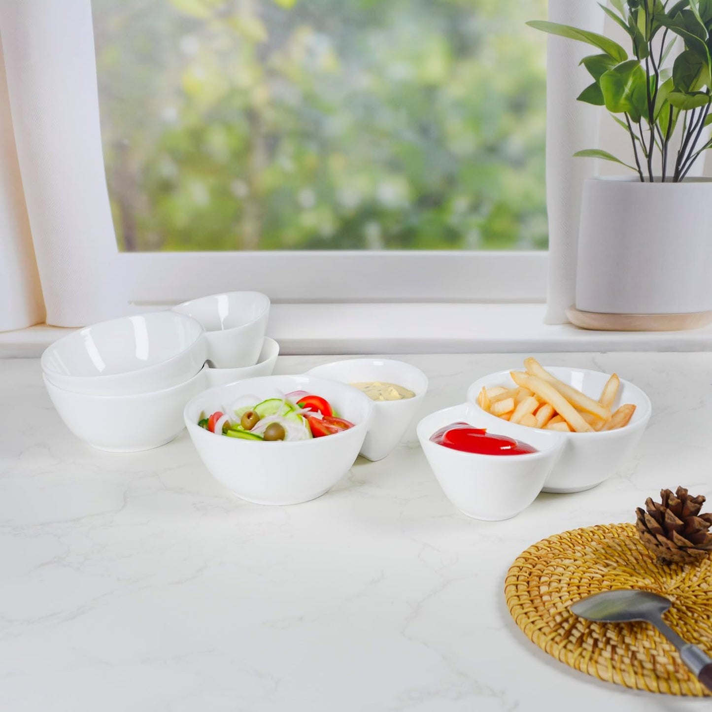 4 Pieces Chip and Dip Serving Set Ceramic Divided Serving Trays Platters Chip and Dip Bowl Compartment Cheese Ball Serving Dish Dumpling Plate for Party Appetizers Snacks Veggies, 7.1 Inch