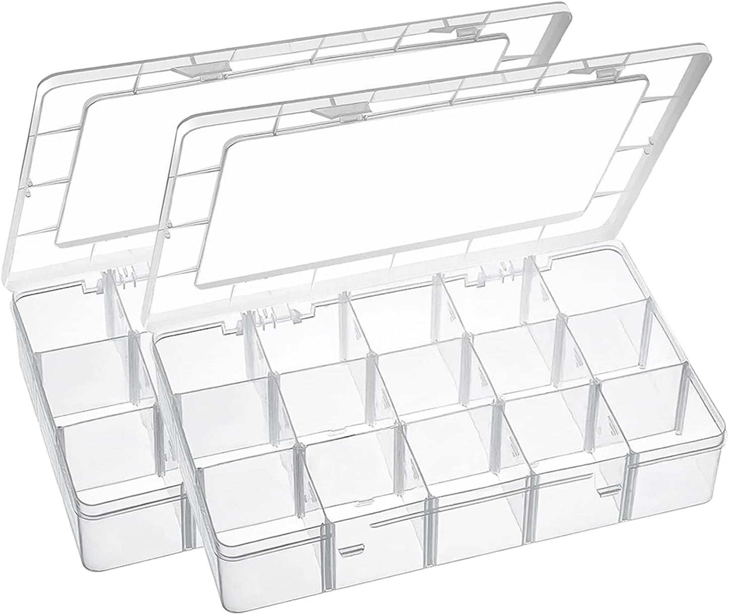 Exptolii 15 Large Grids Plastic Organizer Box with Dividers, 2 Pack Clear Compartment Container Storage for Washi Tapes Beads Crafts Jewelry Fishing Tackles, Size 11 x 6.3 x 2.2 in
