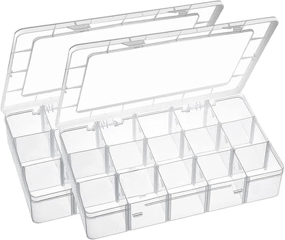 Exptolii 15 Large Grids Plastic Organizer Box with Dividers, 2 Pack Clear Compartment Container Storage for Washi Tapes Beads Crafts Jewelry Fishing Tackles, Size 11 x 6.3 x 2.2 in
