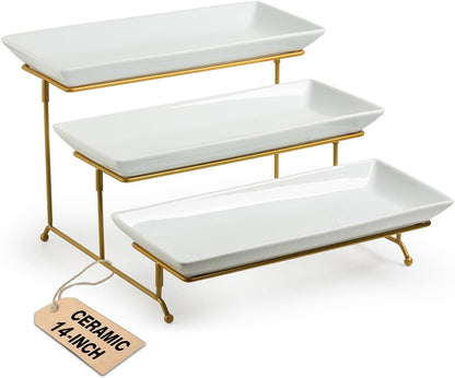 LAUCHUH 3 Tier Serving Tray, Porcelain Serving Platter Tier Serving Stand with Collapsible Sturdier Rack, Serving Trays and Platters Dessert Party Display Set for Father's Day, Gold, 12 Inch