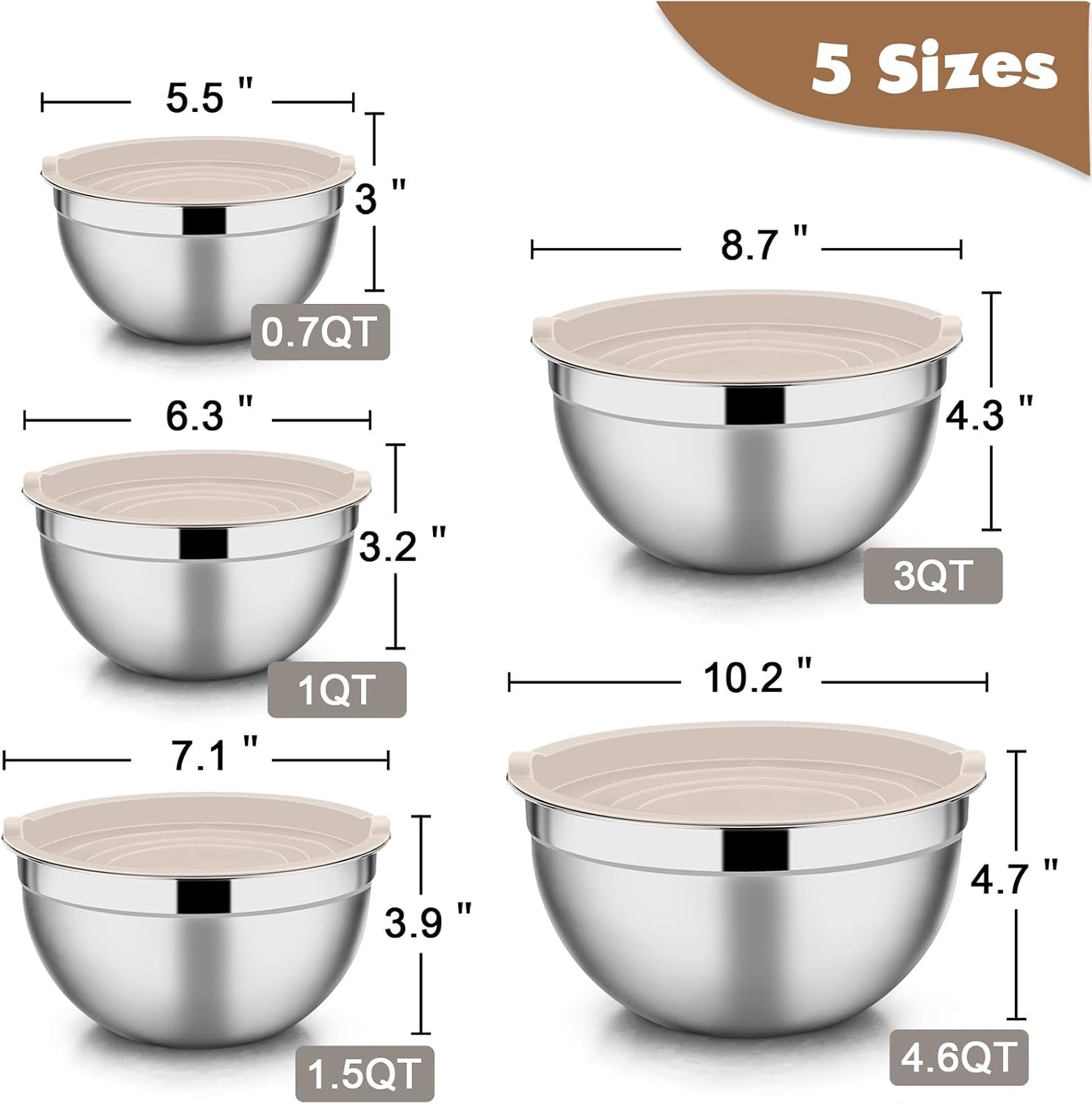 E-far Mixing Bowls with Lids Set of 5, Stainless Steel Mixing Bowls Metal Nesting Bowls with Airtight Lids, Non-toxic & Dishwasher Safe, Great for Cooking, Baking, Serving - Size 0.7/1/1.5/3/4.6QT