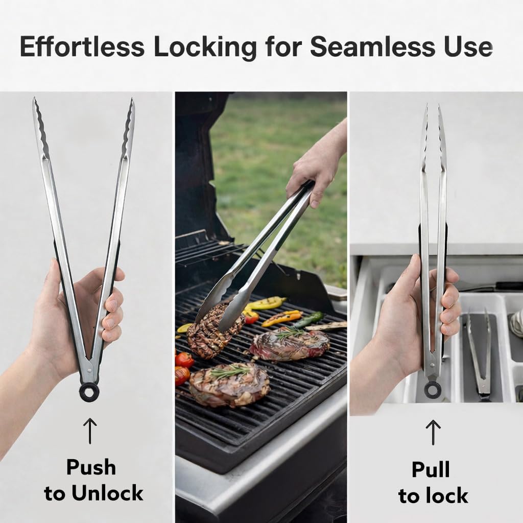 Kona 17-in Stainless Steel Locking Grill Tongs, Heavy-Duty, Set of 2