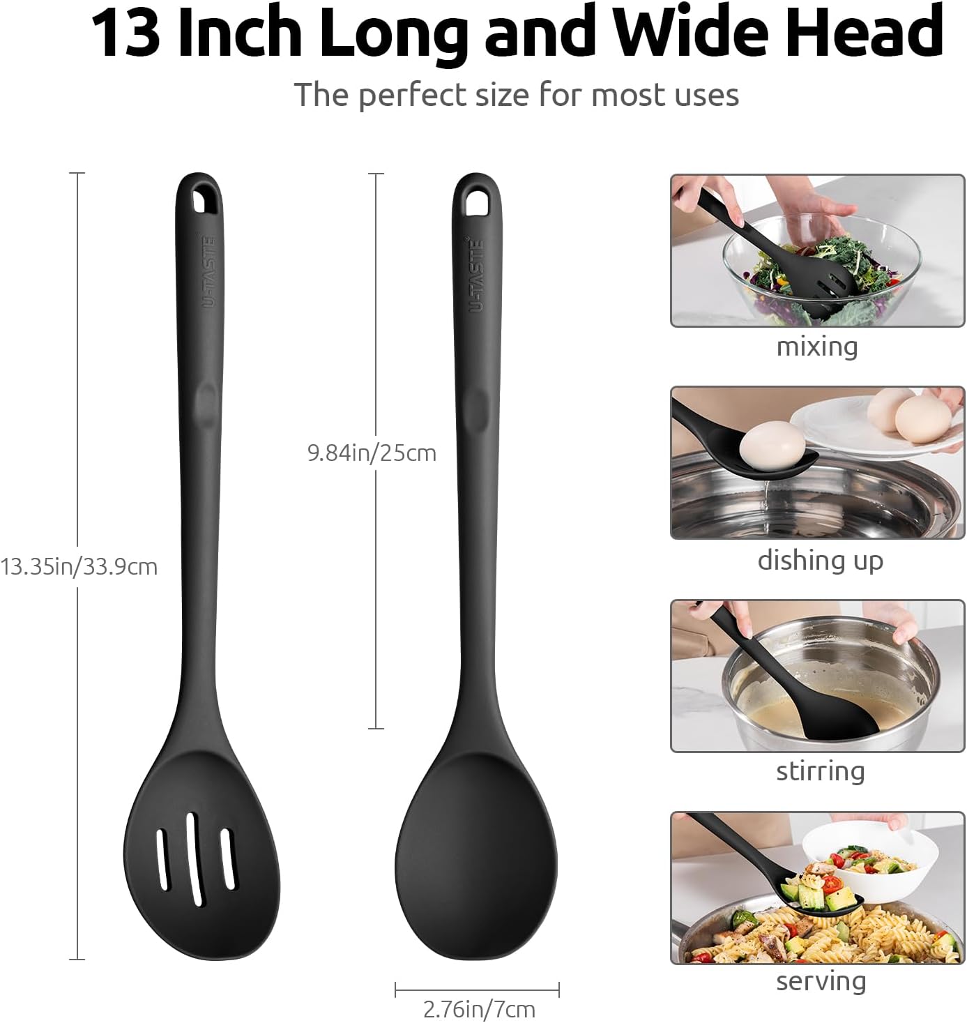 600ºF Heat Resistant Silicone Spoons: U-Taste 13.3in Solid & Slotted Kitchen Cooking Tool, Nonstick Long Rubber Utensil, Sturdy for Mixing, Serving, Stirring, Frying, Basting (Aqua Sky, 2PCS)