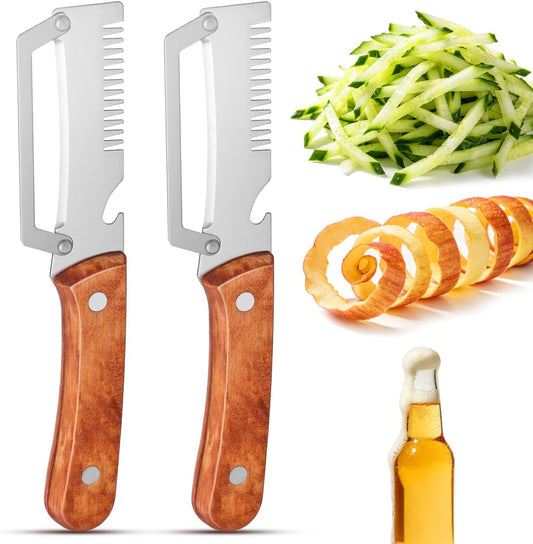 2pcs Multifunctional Vegetable Peeler Shredder, 3-in-1 Stainless Steel Julienne Peeler Tool with Bottle Opener and Non-slip Wooden Handle, Fruit Peeling Knife for Kitchen