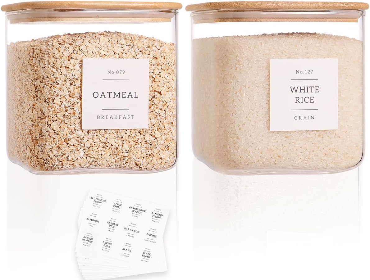CZZGSM 2 Pack Square Glass Flour and Sugar Containers with 132 Kitchen Pantry Labels - Thicken 149 FL OZ Large Glass Storage Jars with Airtight Bamboo Lid - Big Food Canisters for Rice, Pasta, Cookie