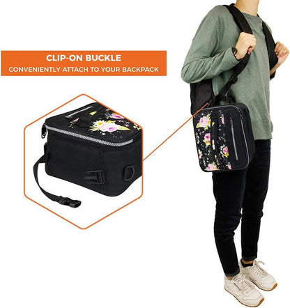 opux Insulated Lunch Box for Men Women Adult, Compact Lunch Bag for Kids Boy Girl Teen, Soft Lunch Cooler Bag for Work School, Leakproof Lunchbox Lunch Pail with Clip-on Buckle, Grey Flowers