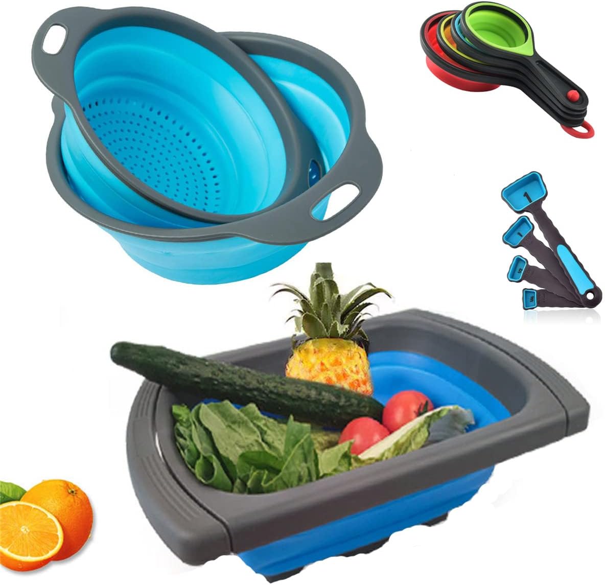 New Version 11Pack Silicone Kitchen Strainer Collapsible Colander with Foldable Silicone Measuring Spoon Measuring Cup Kitchen Good Tools (Blue) 9.6 * 1.1
