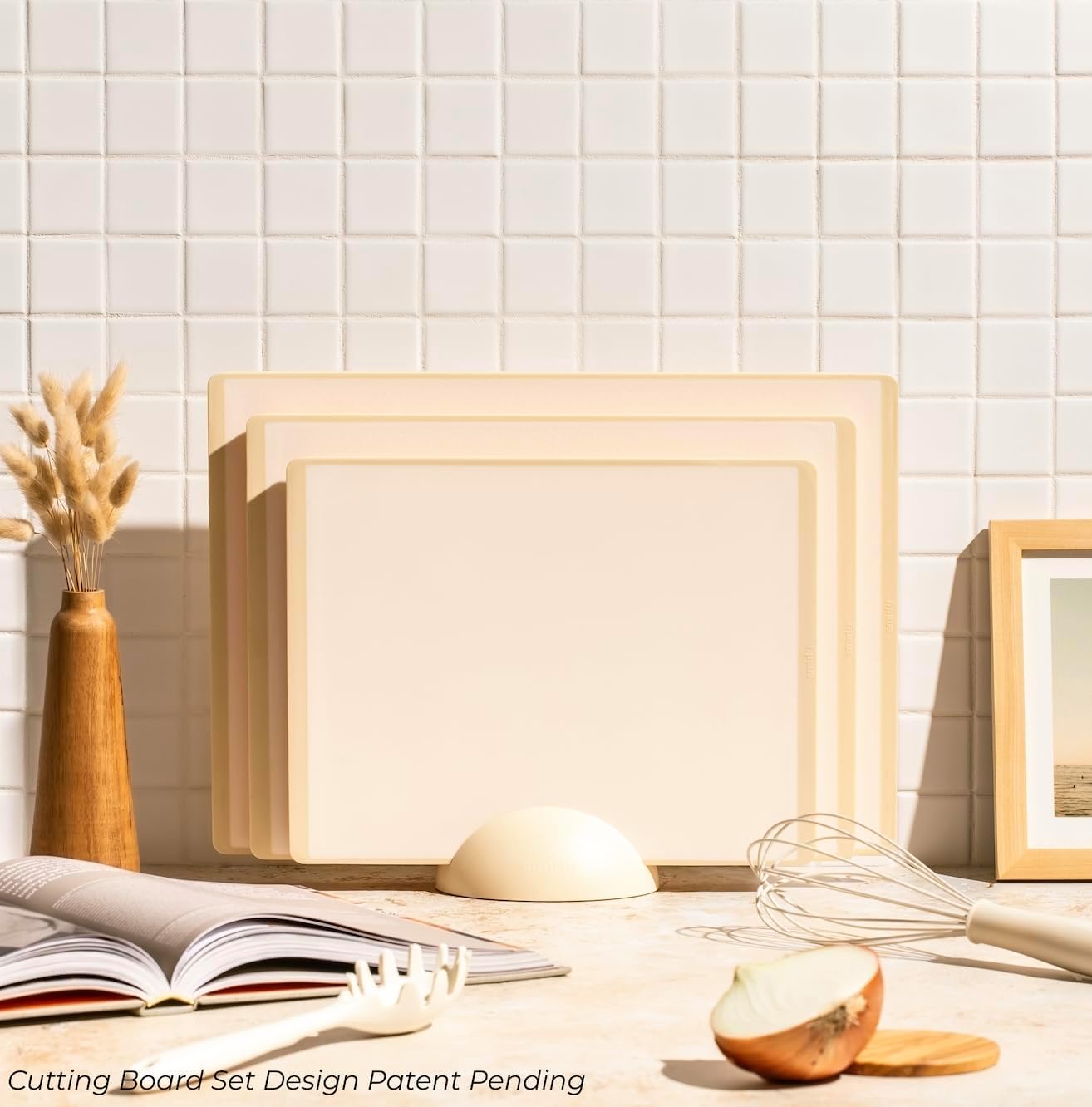 SMIRLY Plastic Cutting Board Set with Holder 3 Pieces, Non-Slip Dishwasher Safe Chopping Boards for Kitchen (Cream White)